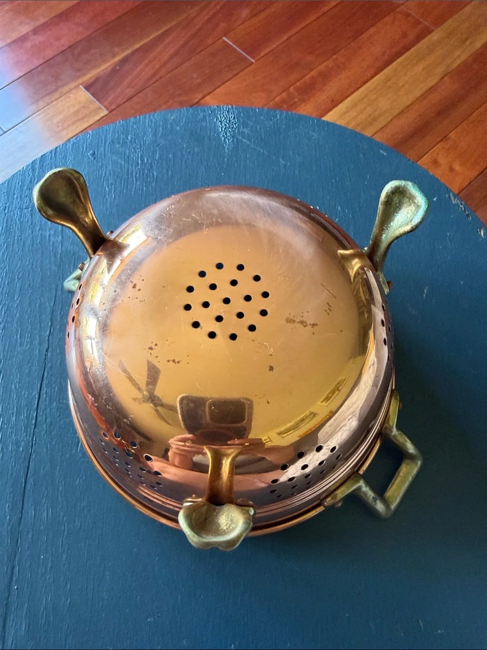 Vintage Copper Colander with Brass Handles and Feet